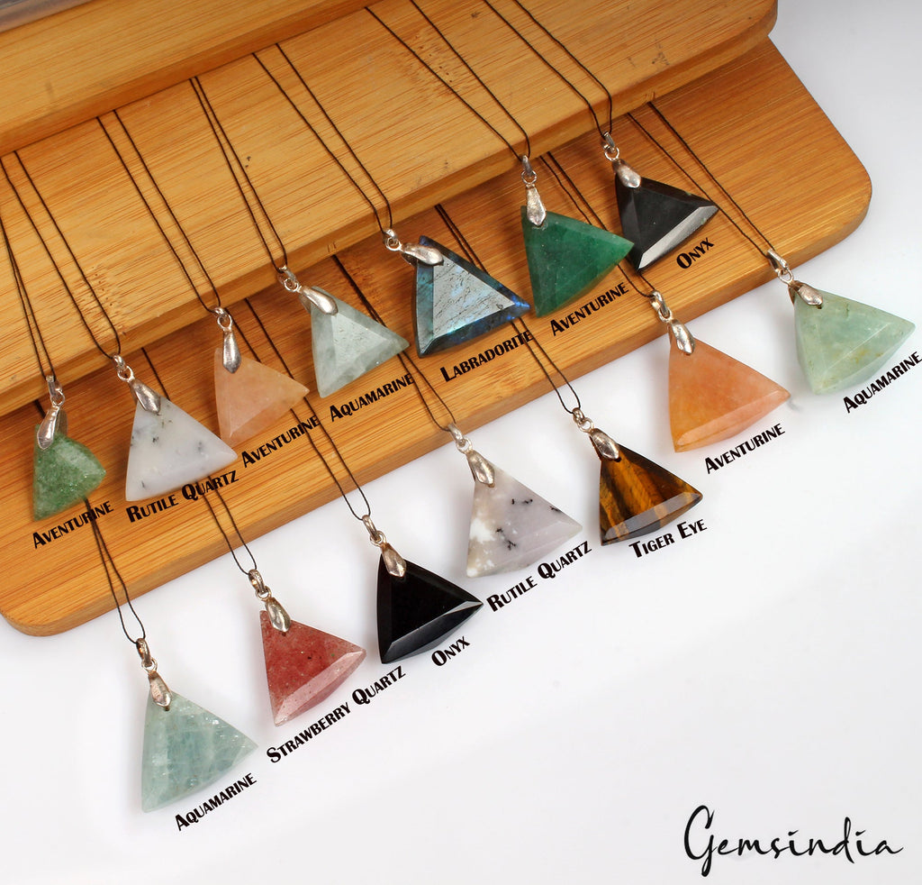 14Pc Natural Multi Gem Reversible Crystal Healing Trillion Shape Pendant Jewelry