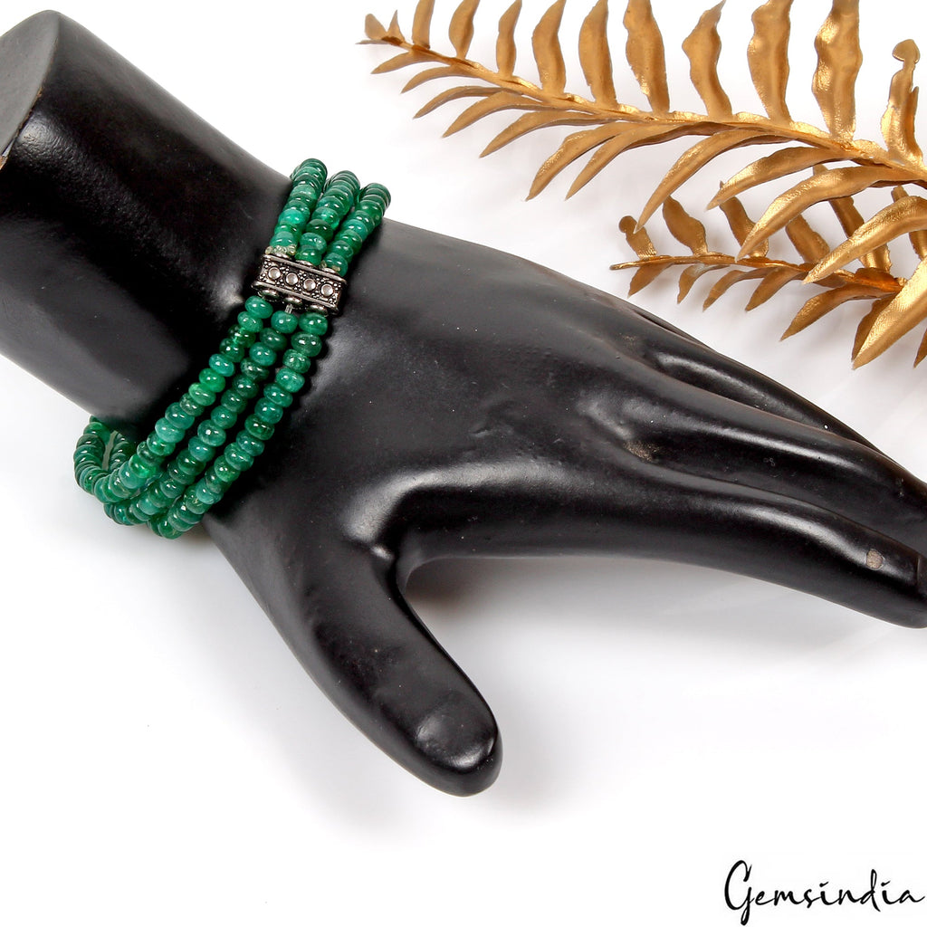 6.5 Inch Natural Zambian Emerald 3 Strand Stretchable Bracelet Jewelry For Women