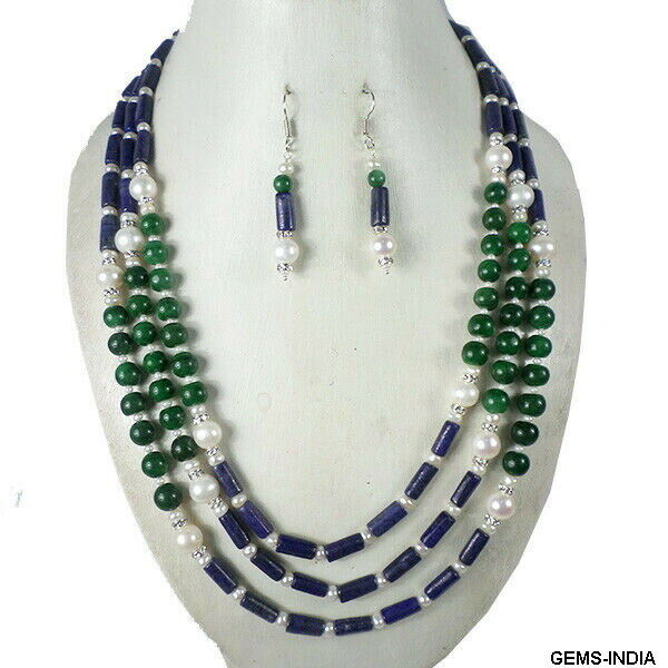 604 Cts Natural Blue lapis Green Emerald White Pearl Beaded Handmade Jewelry Set