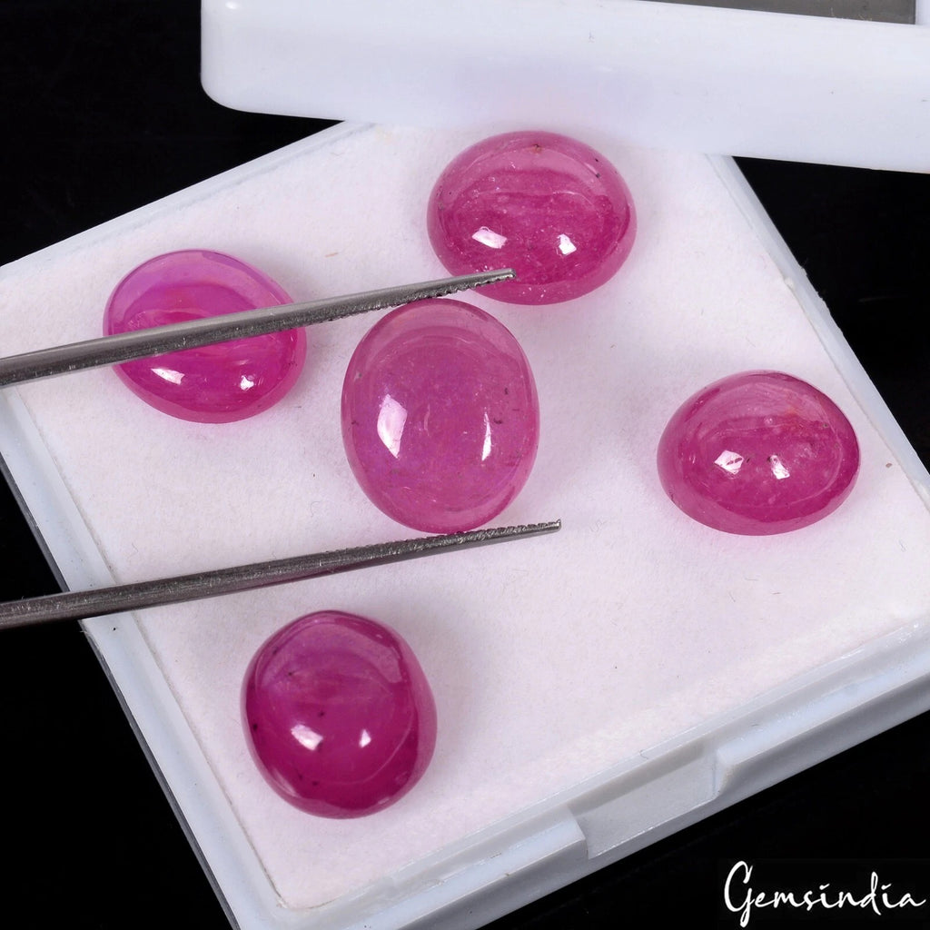 Ruby Lot, Cabochon, Pink Red — 5 Pieces, 12mm to 14mm, 46.50 Ct, Mozambique