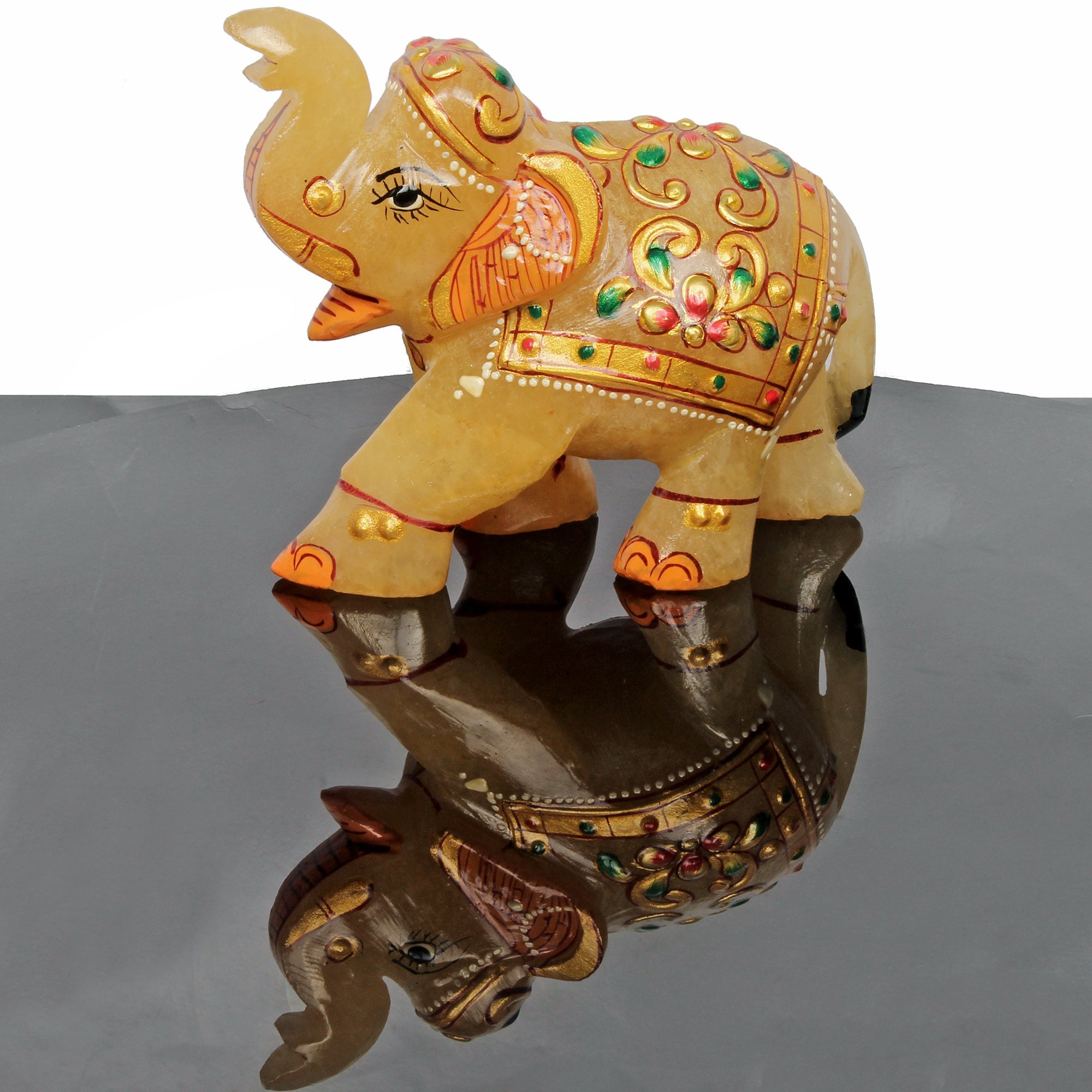 1160 Ct Hand Crafted Gold Painted Trunk Up Elephant Natural Aventurine Sculpture