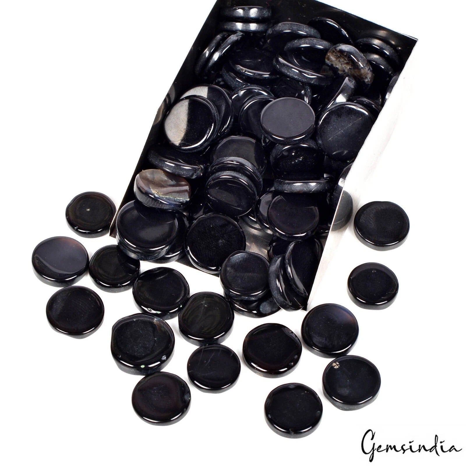 250.00 Ct Natural Black Onyx Round Cab Flat Both Side Loose Gemstone Lot 82 Pcs