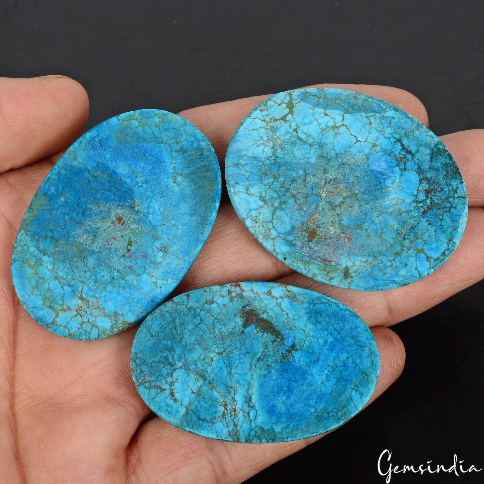 3 Pc Natural Blue Turquoise Spiderweb Oval Cabochon Huge 47-49mm Gemstones~300Ct