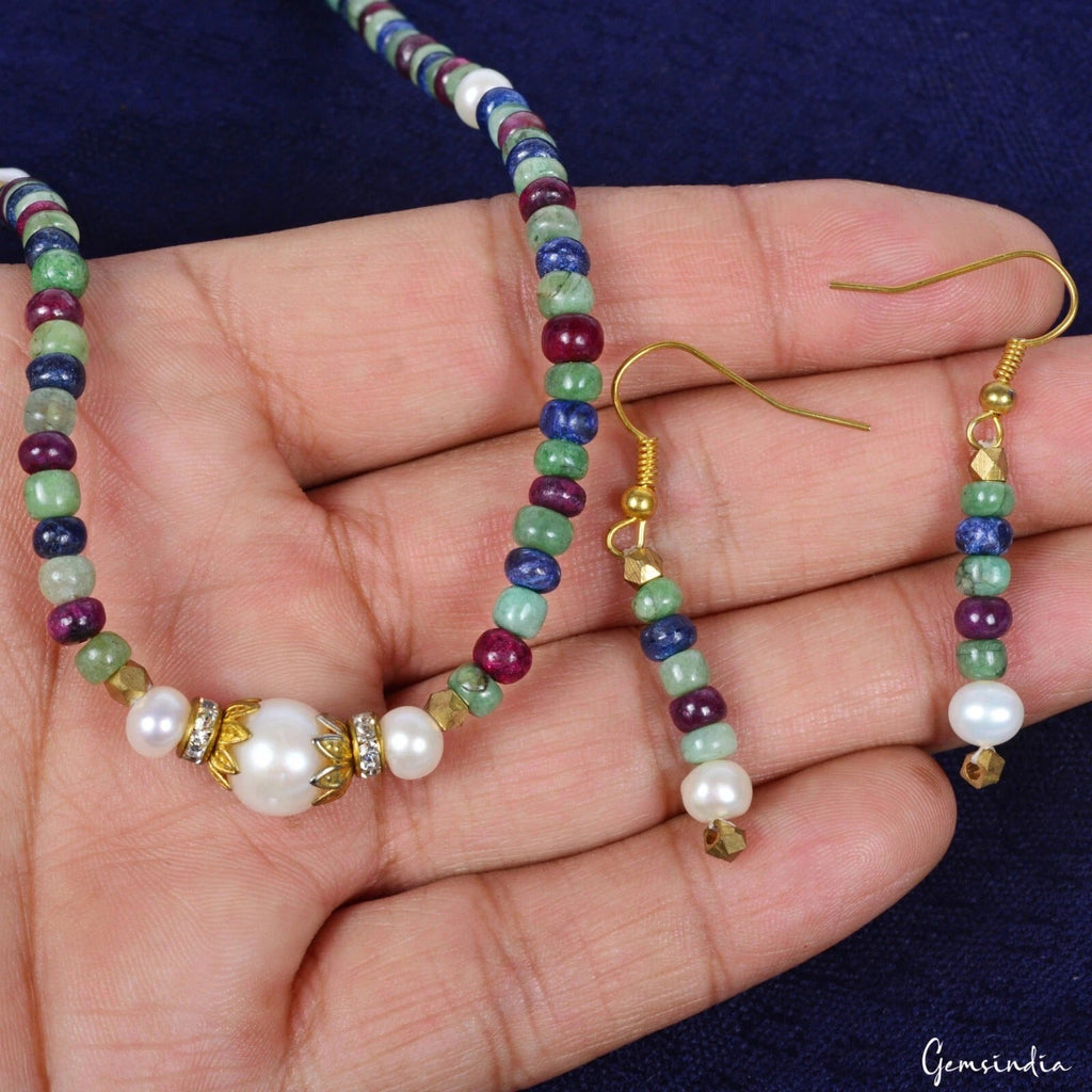134.50 Ct Natural Multi Color Emerald Ruby Sapphire Gem Round Beaded Jewelry Set
