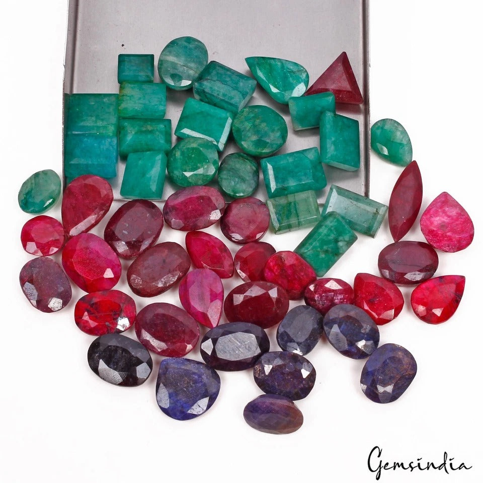 750 Ct/50 Pcs Natural Multi Color Emerald Ruby Sapphire Mixed Cut Loose Gems Lot