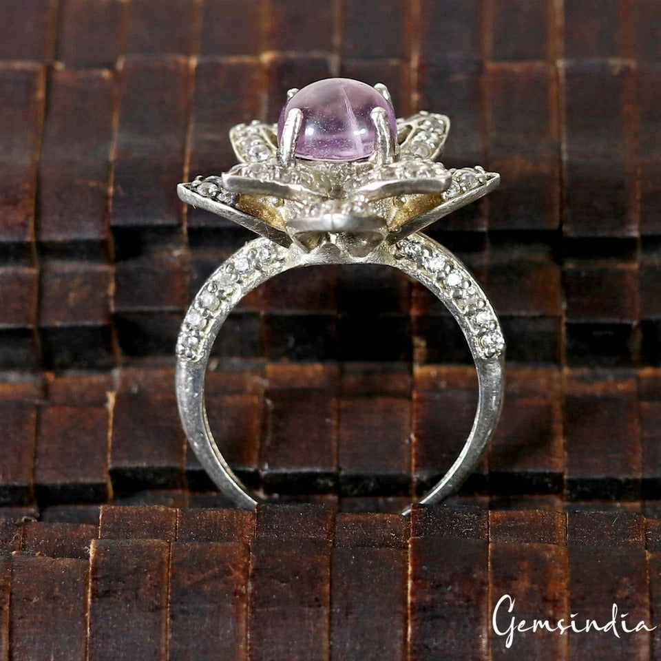 5 Gm Natural Purple Amethyst Gem 925 Sterling Silver Carved Designer Ring 6.5 US