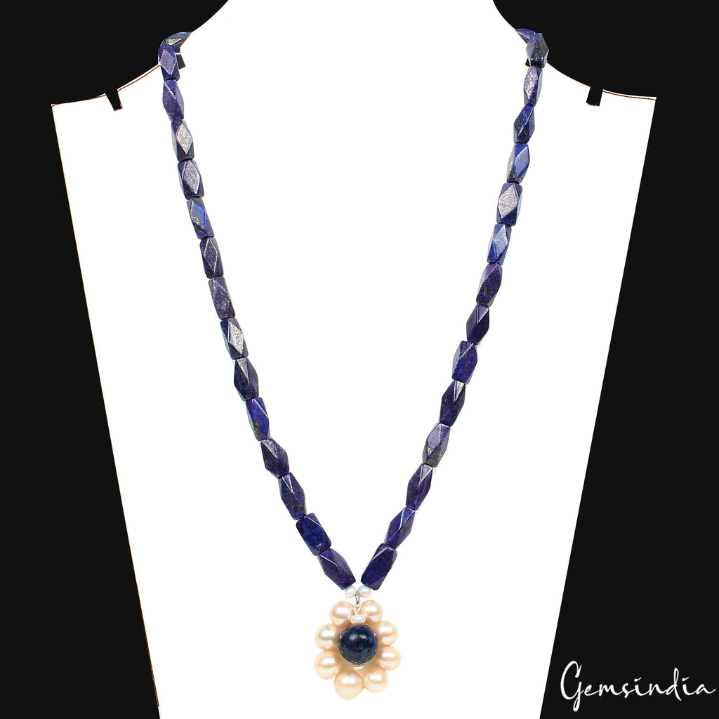 200 CtS Natural Blue Lapis Lazuli Fresh Water Pearl Beaded Handmade Necklace 18"
