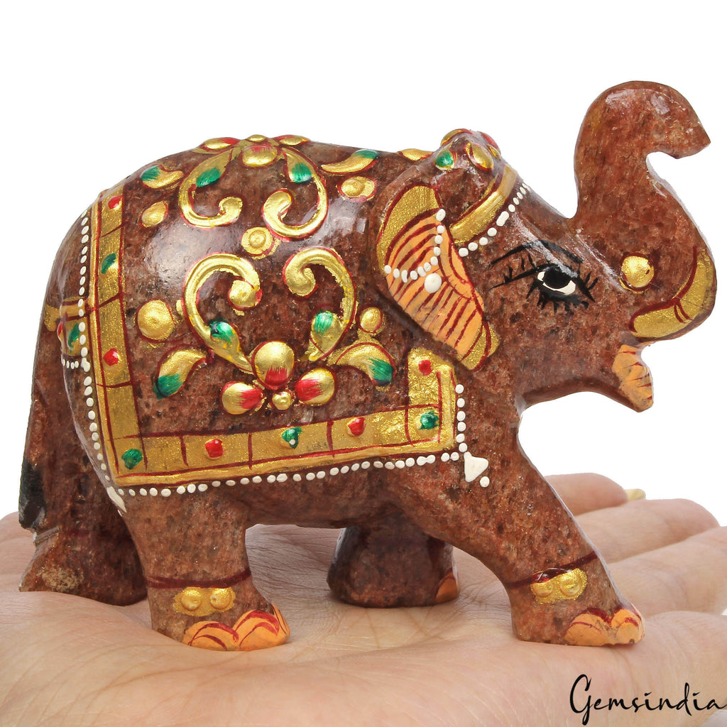 1130 Cts Natural Aventurine Hand Crafted Gold Painted Elephant Sculpture/ Statue