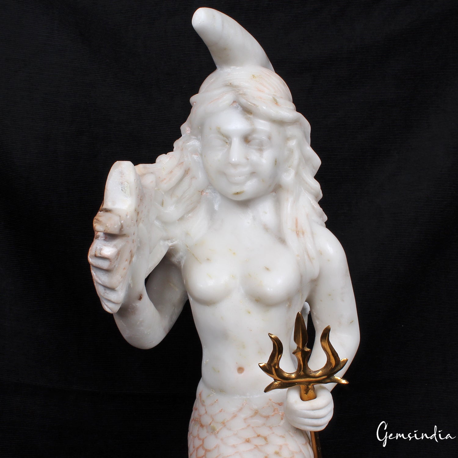 Beautiful Large White Marble Mermaid On The Moon Statue 22" tall Sculpture