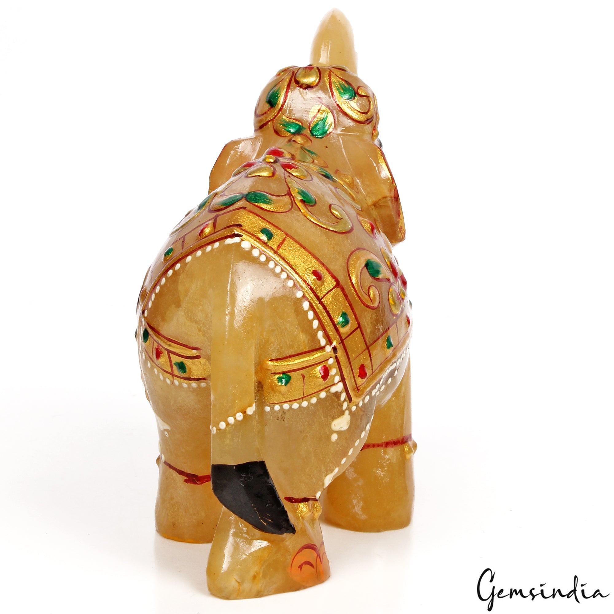 Hand Crafted 1200 Ct Gold Painted Trunk Up Elephant Natural Aventurine Sculpture