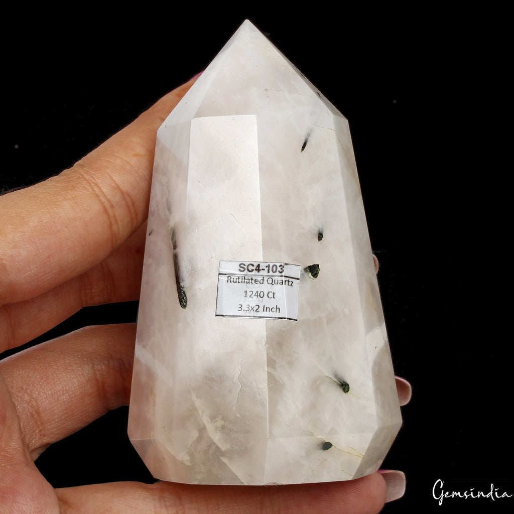 3.3 Inch Black Tourmaline Rutilated Quartz Obelisk Tower Crystal Point Healing