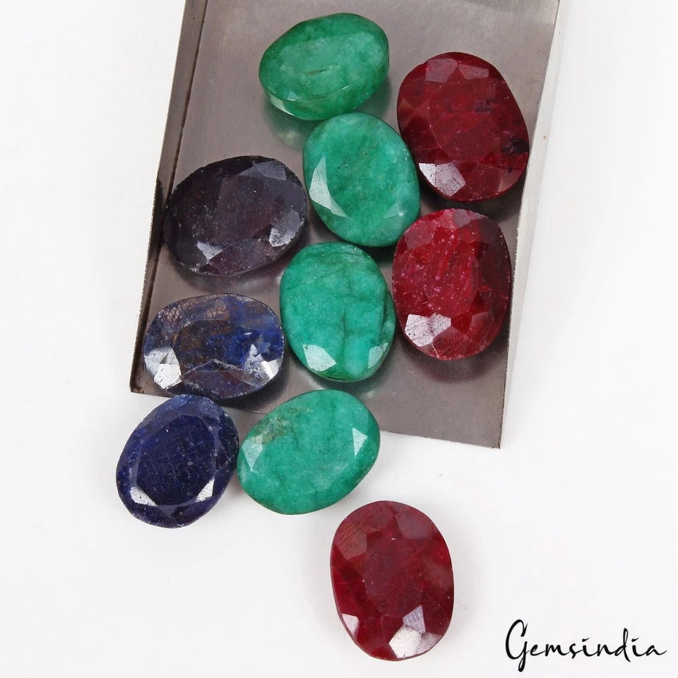 10 Pcs Lot Natural Ruby Emerald Sapphire Oval Faceted Loose Ring Size Gemstones