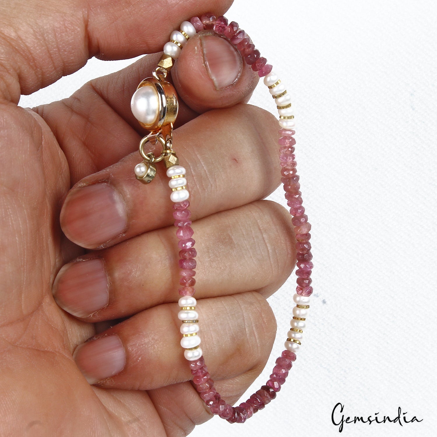 33.20 Cts Natural Pink Tourmaline Pearl Round Cut Beaded Handmade Bracelet 7.5"