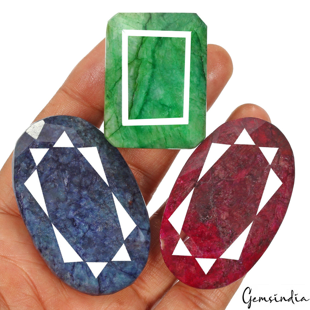 1060 Cts/3 Pcs Natural Red Ruby Blue Beryl Green Emerald Mix Cut Loose Gems Lot