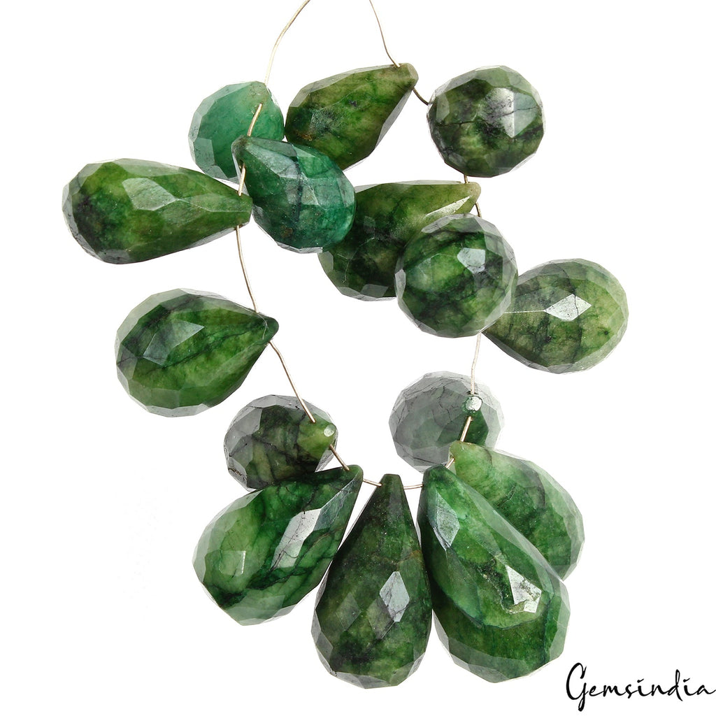 15 Pcs Natural Emerald 18mm-32mm Checker Cut Drilled Briolettes Loose Gemstones