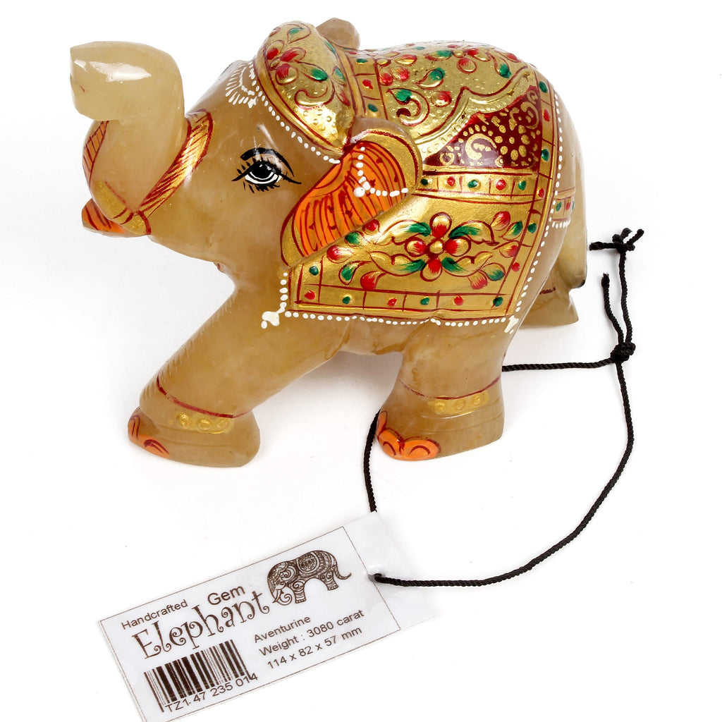 3080 Ct Hand Crafted Gold Painted Trunk Up Elephant Natural Aventurine Sculpture