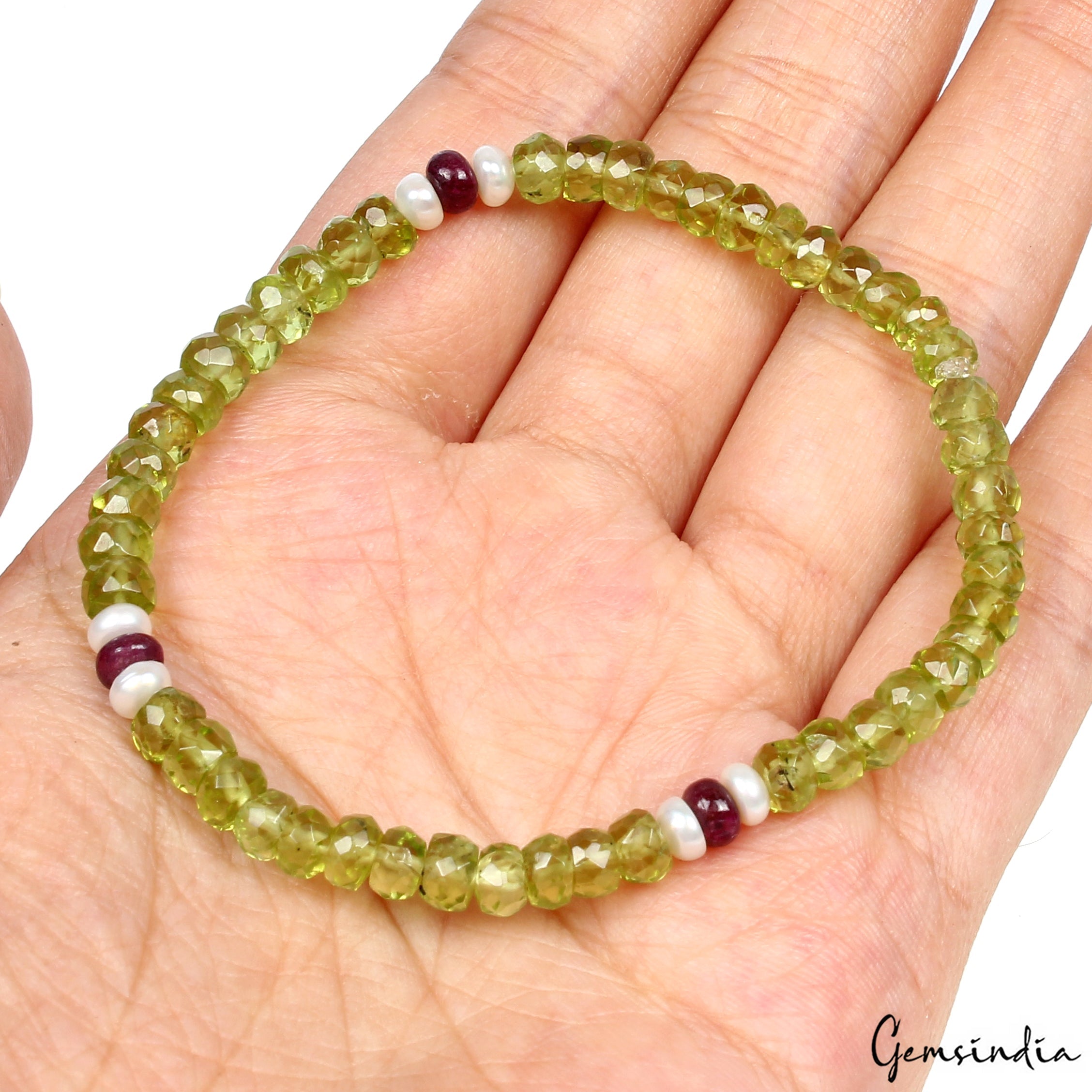 6.5" Natural Peridot Stone Bracelet Green Crystal Stretchable Handmade Bracelet