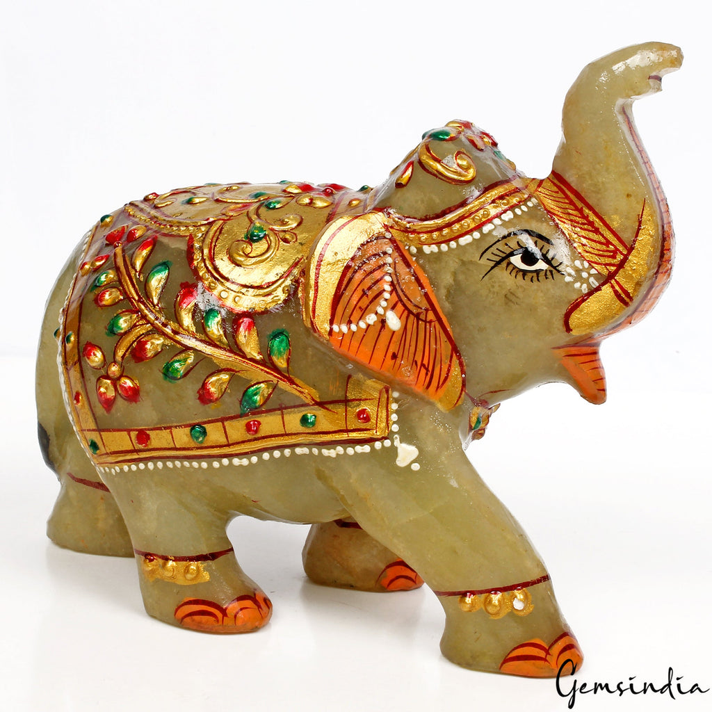 3330 Cts Natural Aventurine Gold Painted Trunk Up Elephant Home Decor/ Sculpture