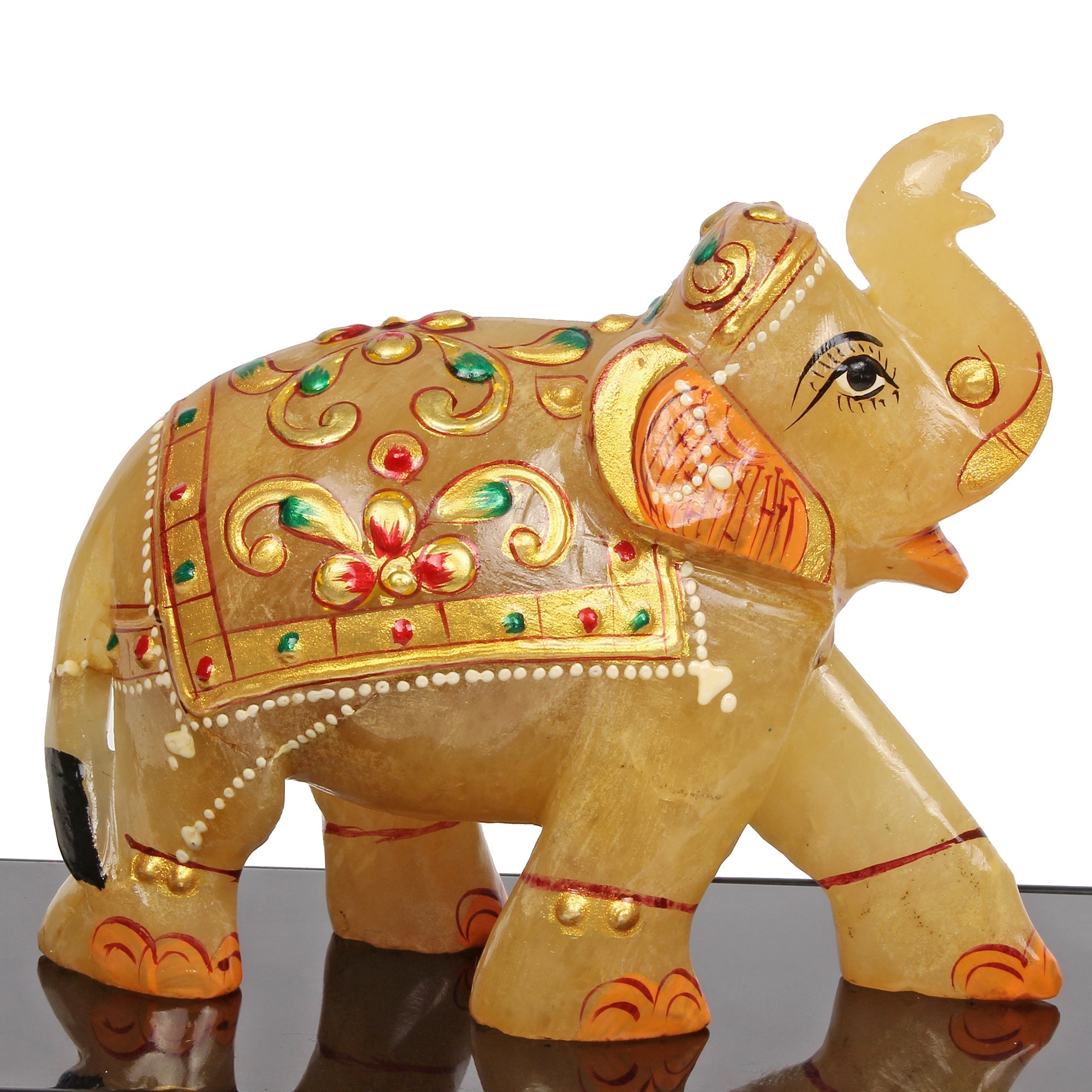 Hand Crafted 1200 Ct Gold Painted Trunk Up Elephant Natural Aventurine Sculpture