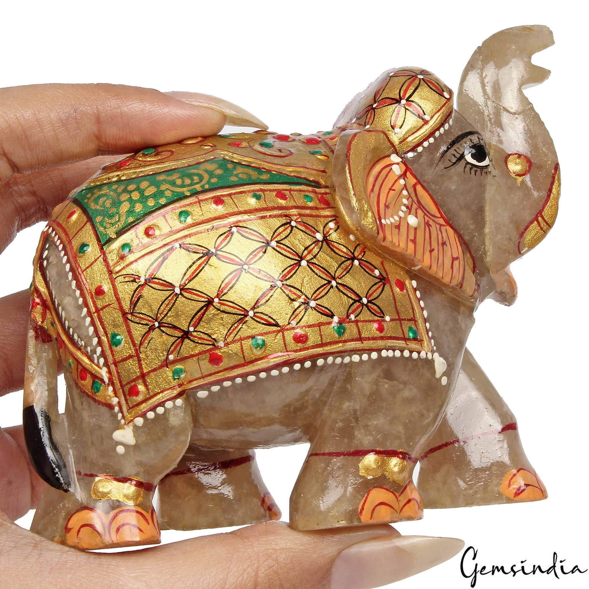 2550 Cts Natural Aventurine Gemstone Hand Crafted Gold Painted Elephant Statue