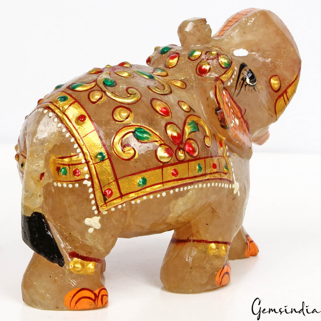 Hand Crafted Gold Painted Trunk Up Elephant 1420 Ct Natural Aventurine Sculpture