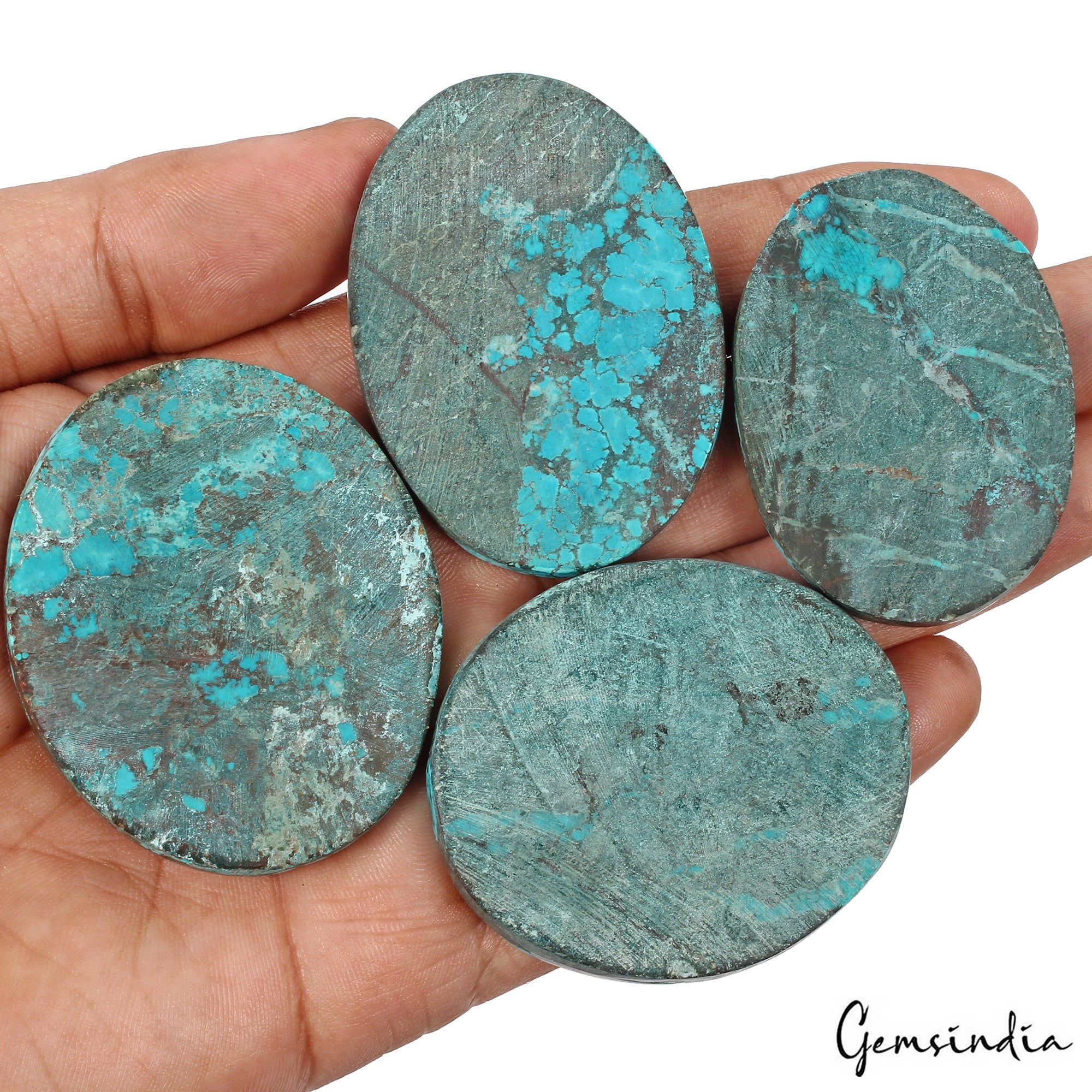 500 Cts/4 Pcs Natural Spiderweb Blue Turquoise Oval Cab Loose Gems For Pendants