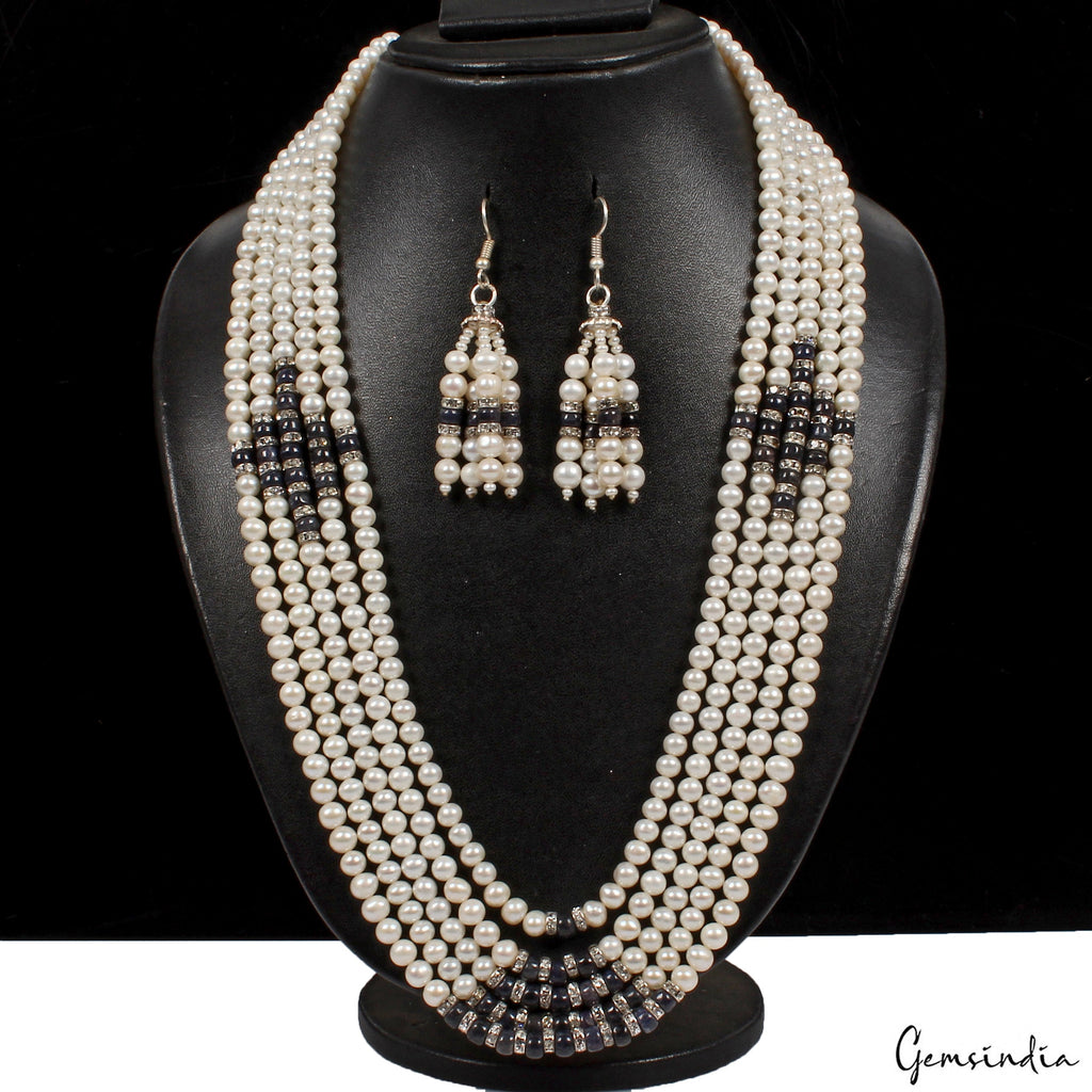 800 Ct Pearl & Sapphire Beaded Handmade 5 Strand Necklace Jewelry With Earrings