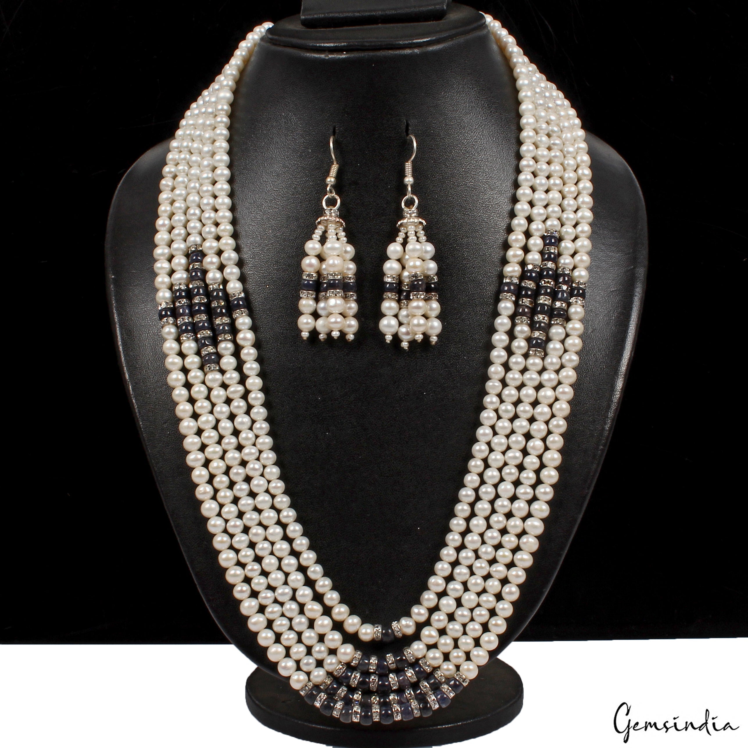 800 Ct Pearl & Sapphire Beaded Handmade 5 Strand Necklace Jewelry With Earrings