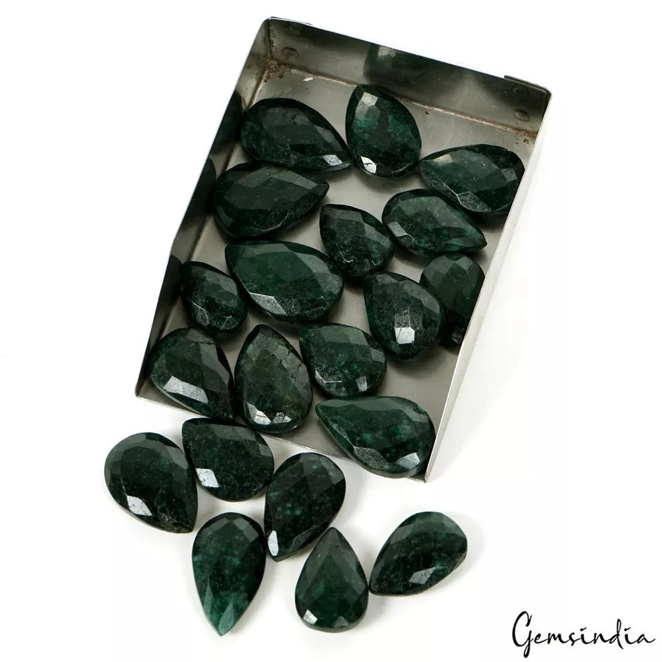 500 Ct/20 Pcs Natural Green Sapphire Pear Checker Cut Loose Gems Lot For Jewelry