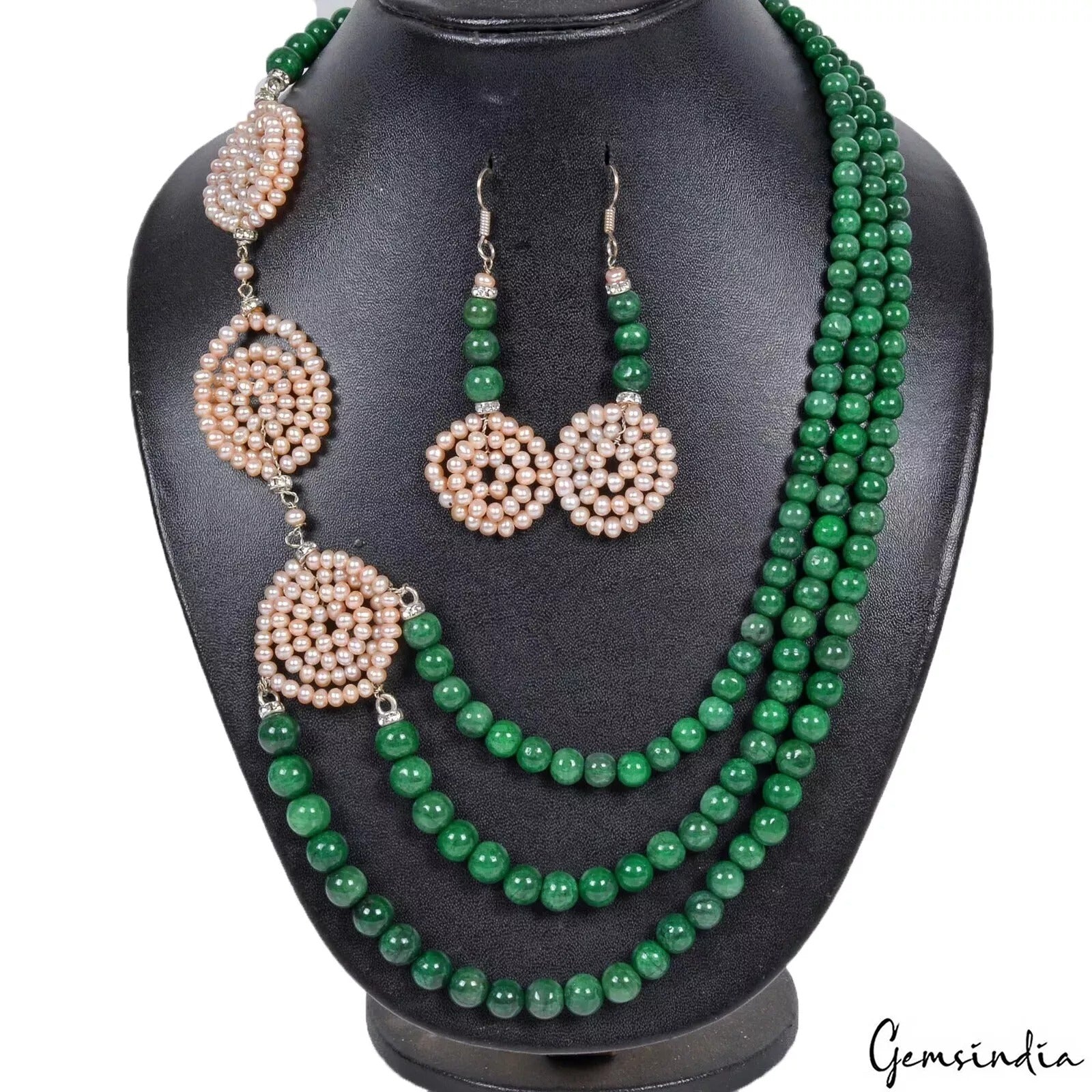 580 Ct Natural Emerald Pearl Rondelle Bead Handmade Designer Necklace w/Earrings