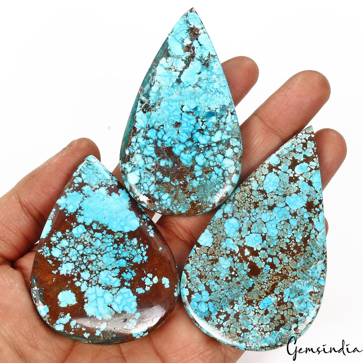 830 Ct/3Pcs Natural USA Arizona Spiderweb Blue Turquoise Pear Cab Loose Gems Lot