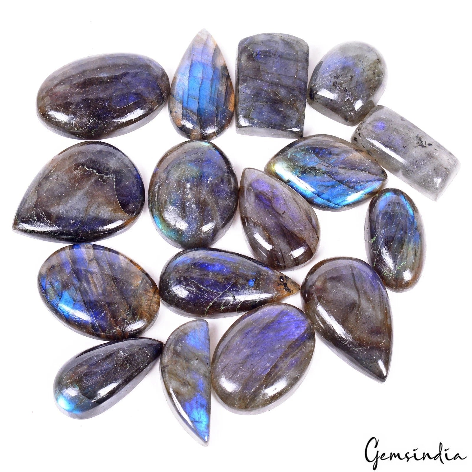 Labradorite Lot, Cabochon, Untreated, Blue — 16 Pieces, 20mm to 30mm, 400 Ct