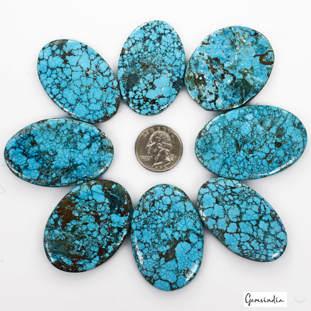 800 Ct/8 Pcs Natural Spiderweb Blue Turquoise Oval Cabochon Loose Gemstone Lot