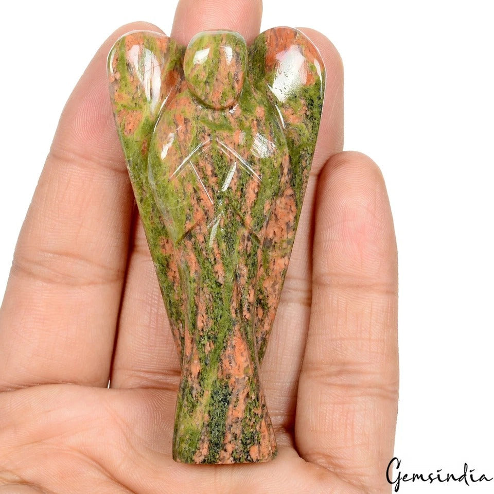 3 In Natural Unakite Jasper Goodluck Pocket Angel Reiki Healing Carved Figurine