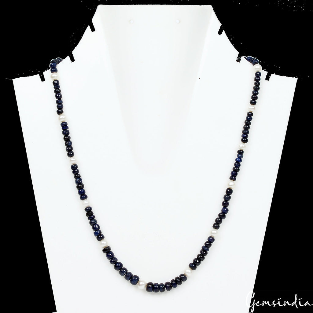 Single Line Natural Sapphire & Pearl Round Beaded Handmade Women Necklace~ 18"