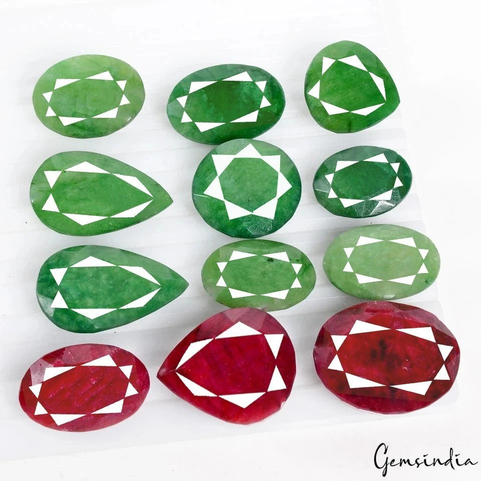 950 Cts/12 Pcs Natural Red Ruby Green Emerald Mixed Cut Loose Wholesale Gems Lot