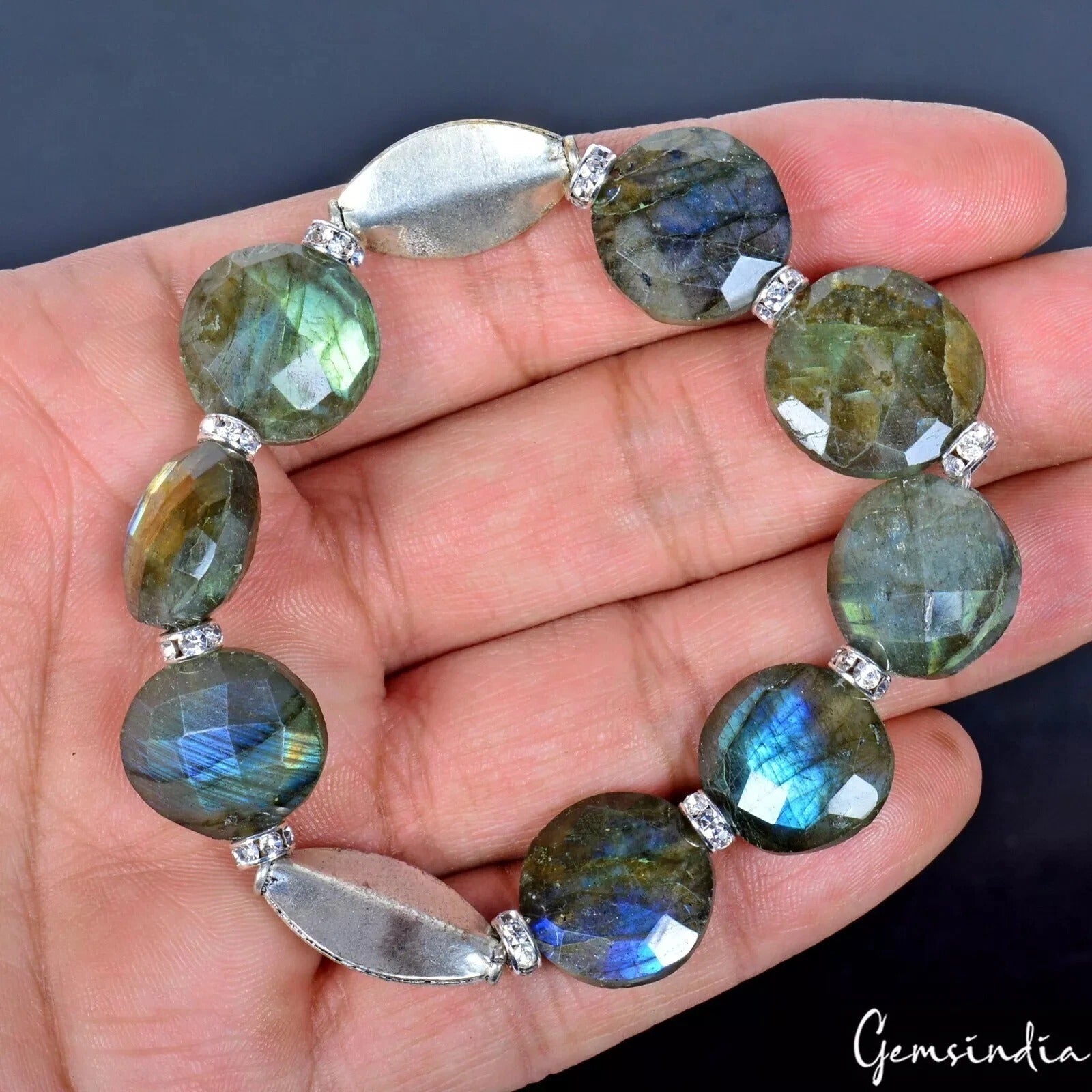 126.20 Cts Labradorite Gems Ethnic Handmade Stretchable/Adjustable Bracelet~6.5"