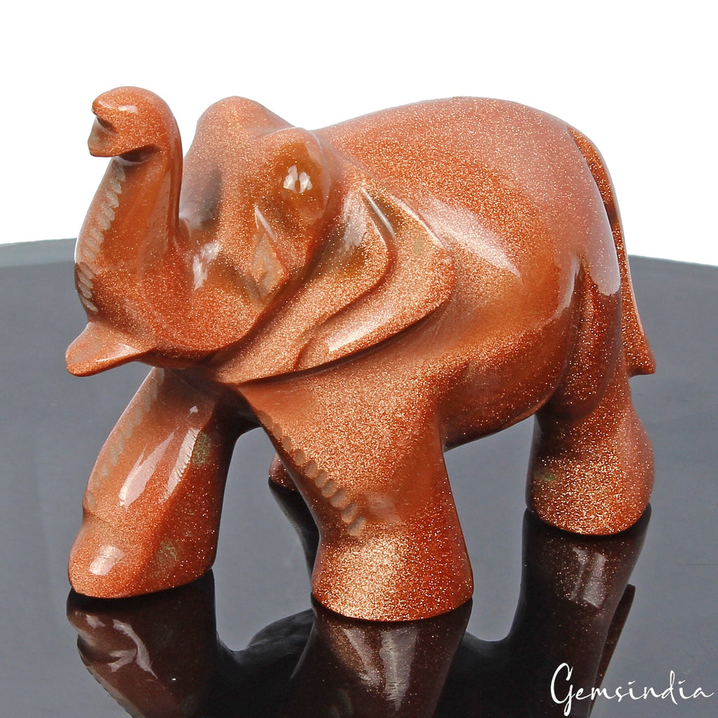 Handmade Natural Glittering Sunstone Elephant Statue 500 Ct Sculpture ~1.8" Tall