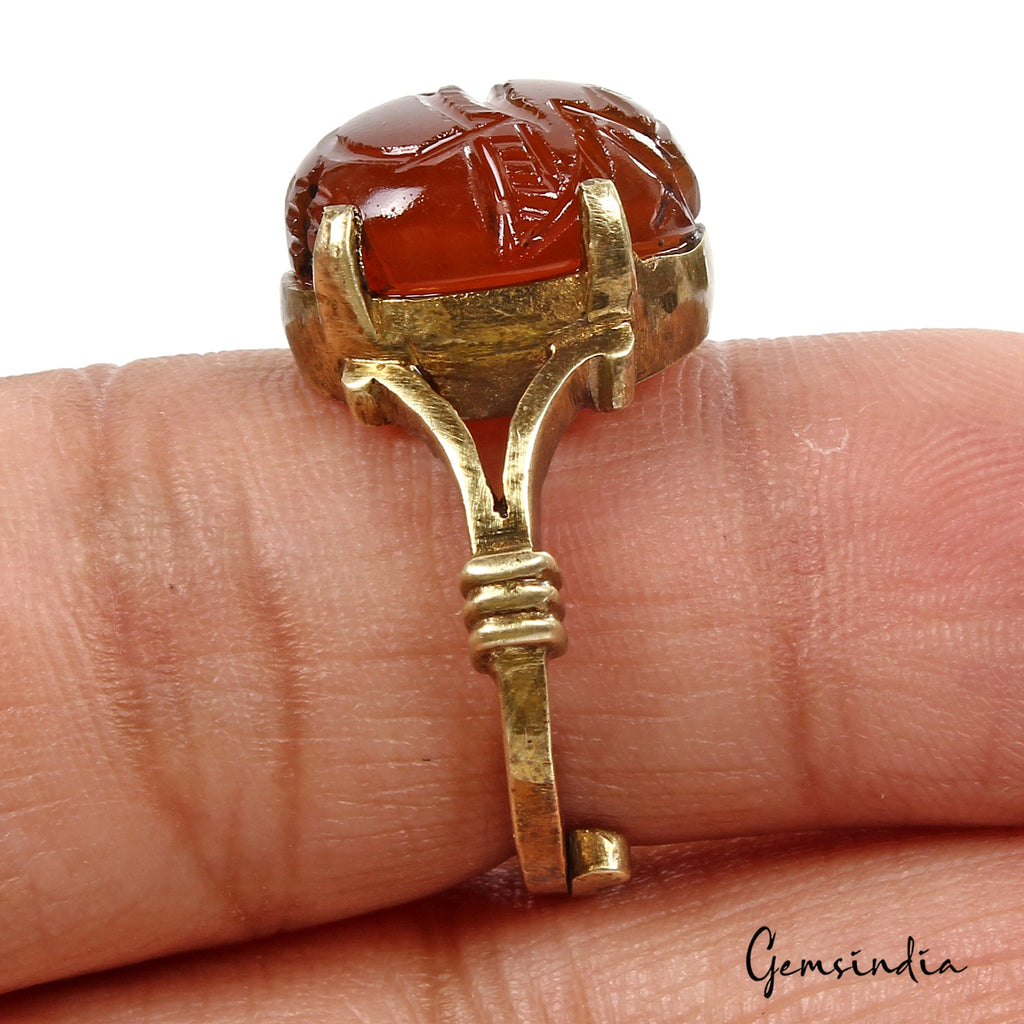 5.30 gm Orange Onyx Carved Ganesha Gem Ashtadhatu Astrological Adjustable Ring