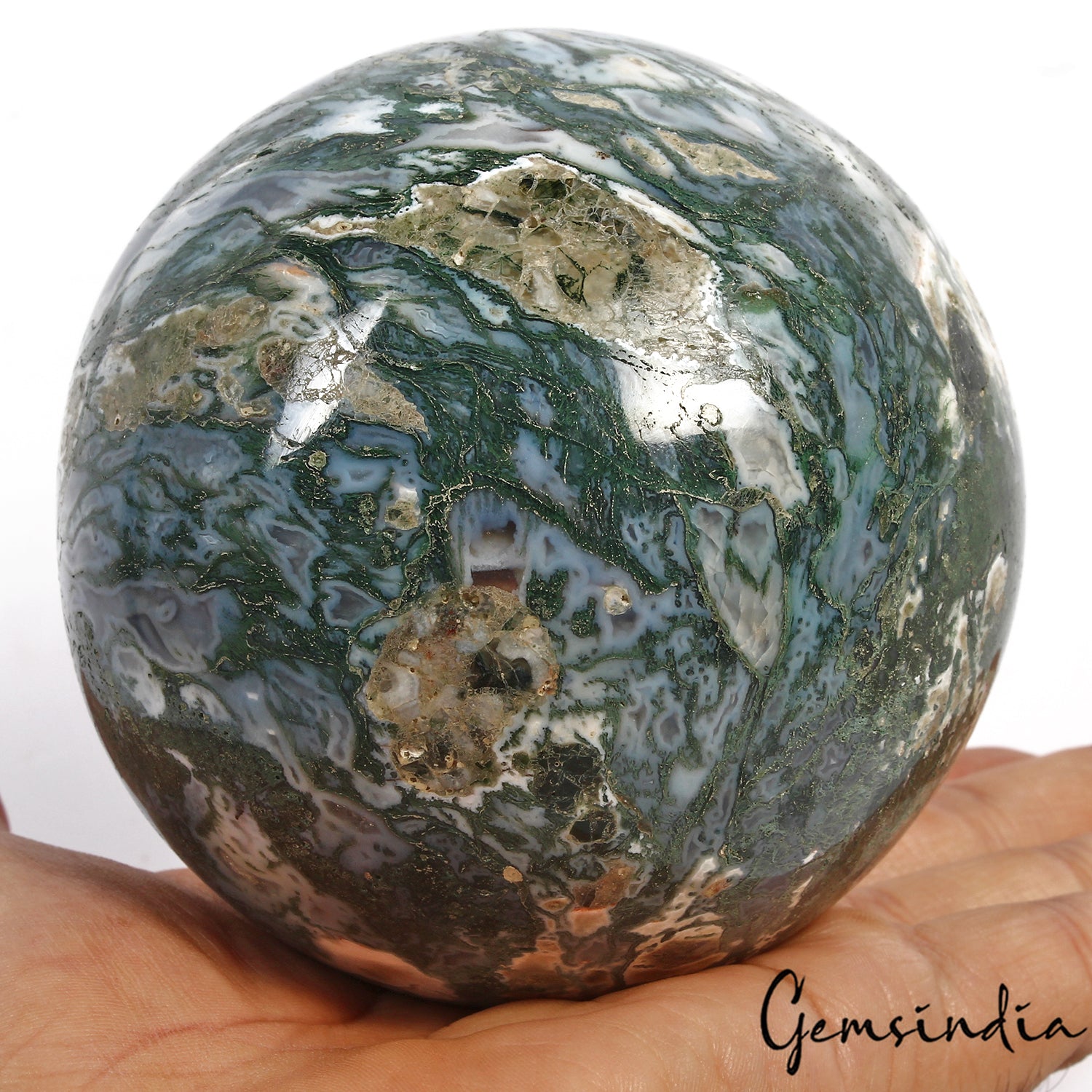 Moss Agate Sphere, Untreated, Green — 3.9 Inch, 1.116 Kg (5580 Ct), Madagascar