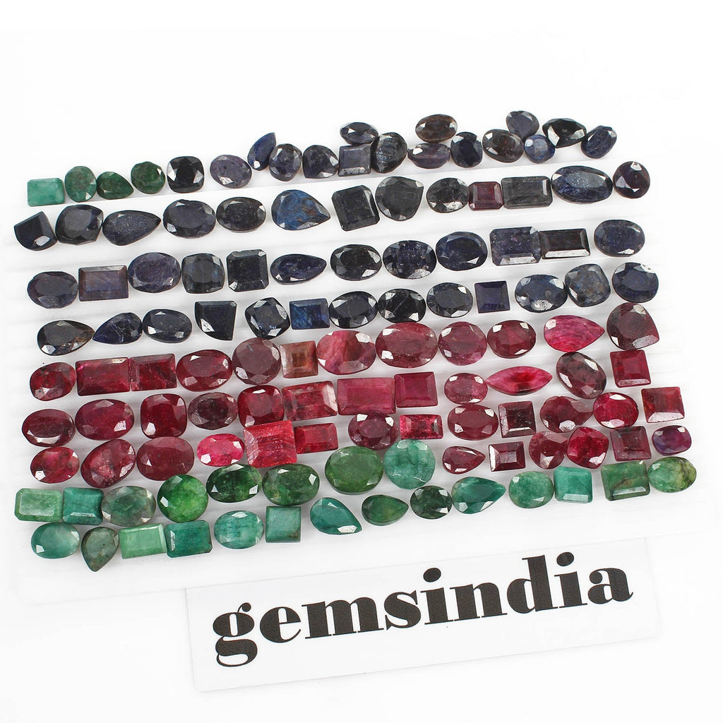 1400 Cts/123 Pcs Natural Red Ruby Green Emerald Blue Sapphire Mix Cut Loose Gems
