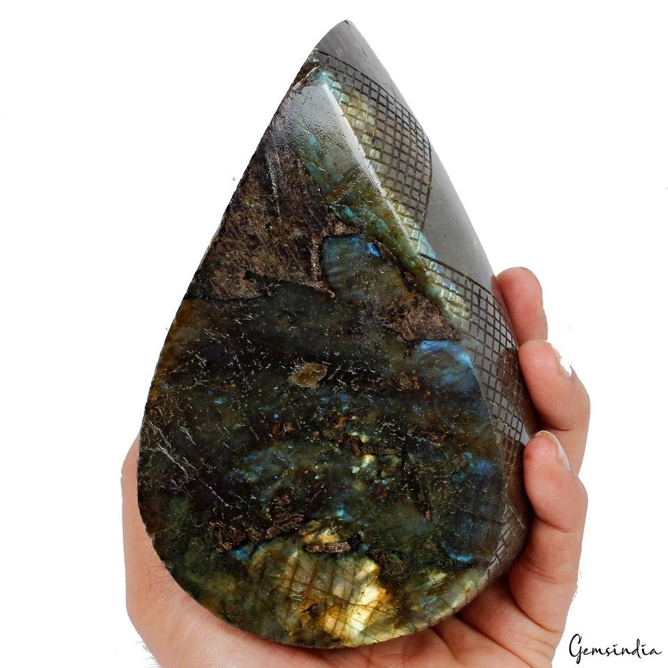 1.6 kg Natural Labradorite Carving Huge Teardrop Crystal Floral Etched Decor Gem