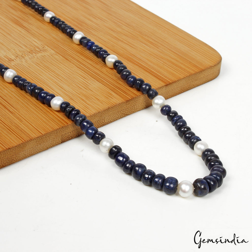 Single Line Natural Sapphire & Pearl Round Beaded Handmade Women Necklace~ 18"