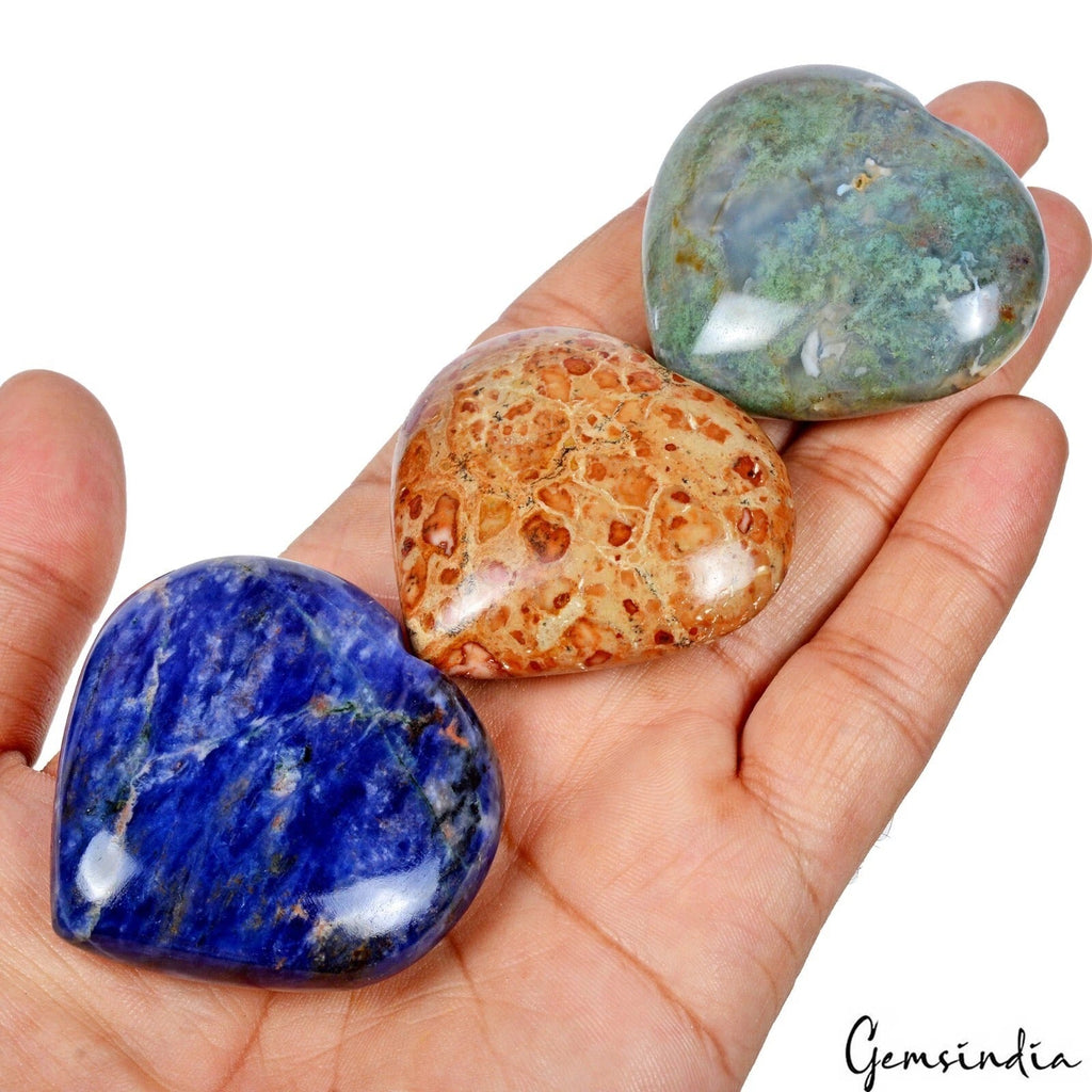 3 Pcs Natural Heart Shape Healing Crystal Chakra Reiki Assorted Gemstones~870 Ct