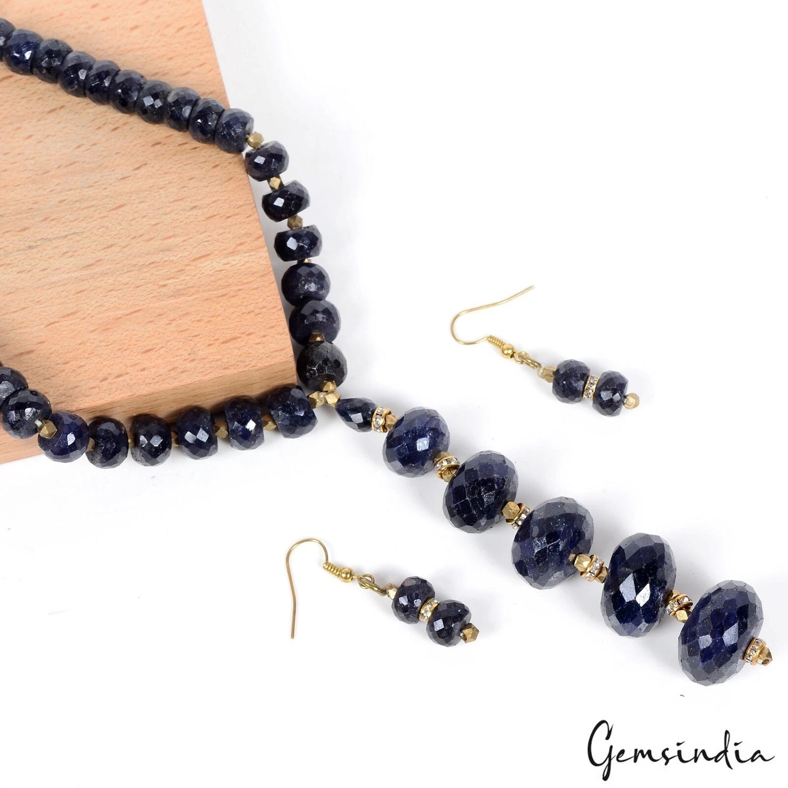 682 Ct Natural Dark Blue Sapphire Gems Round Faceted Beaded Handmade jewelry Set