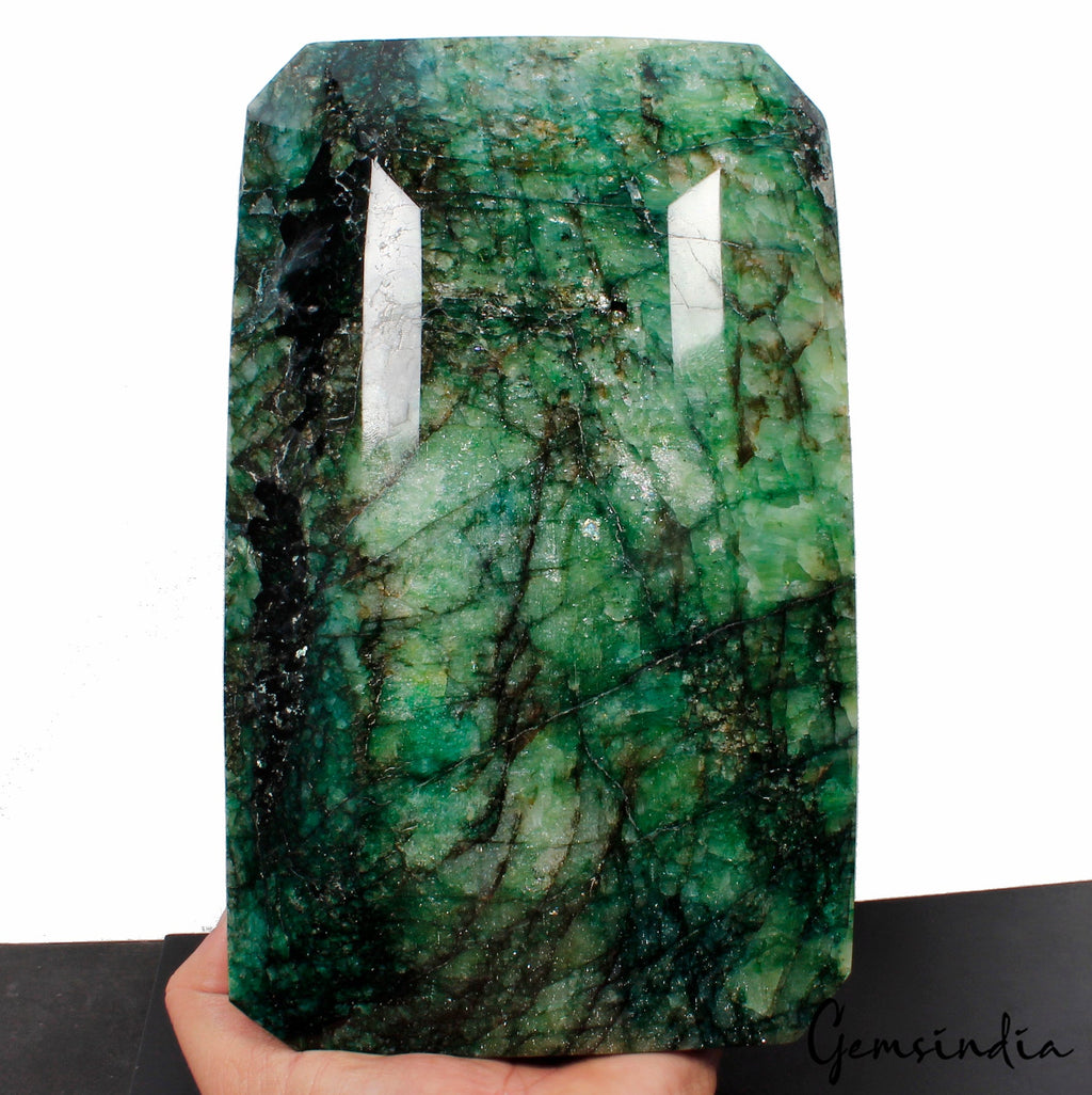 Large 6.7 Kg Natural Green Emerald Huge Octagon Cut Earth mined Gemstone W Stand
