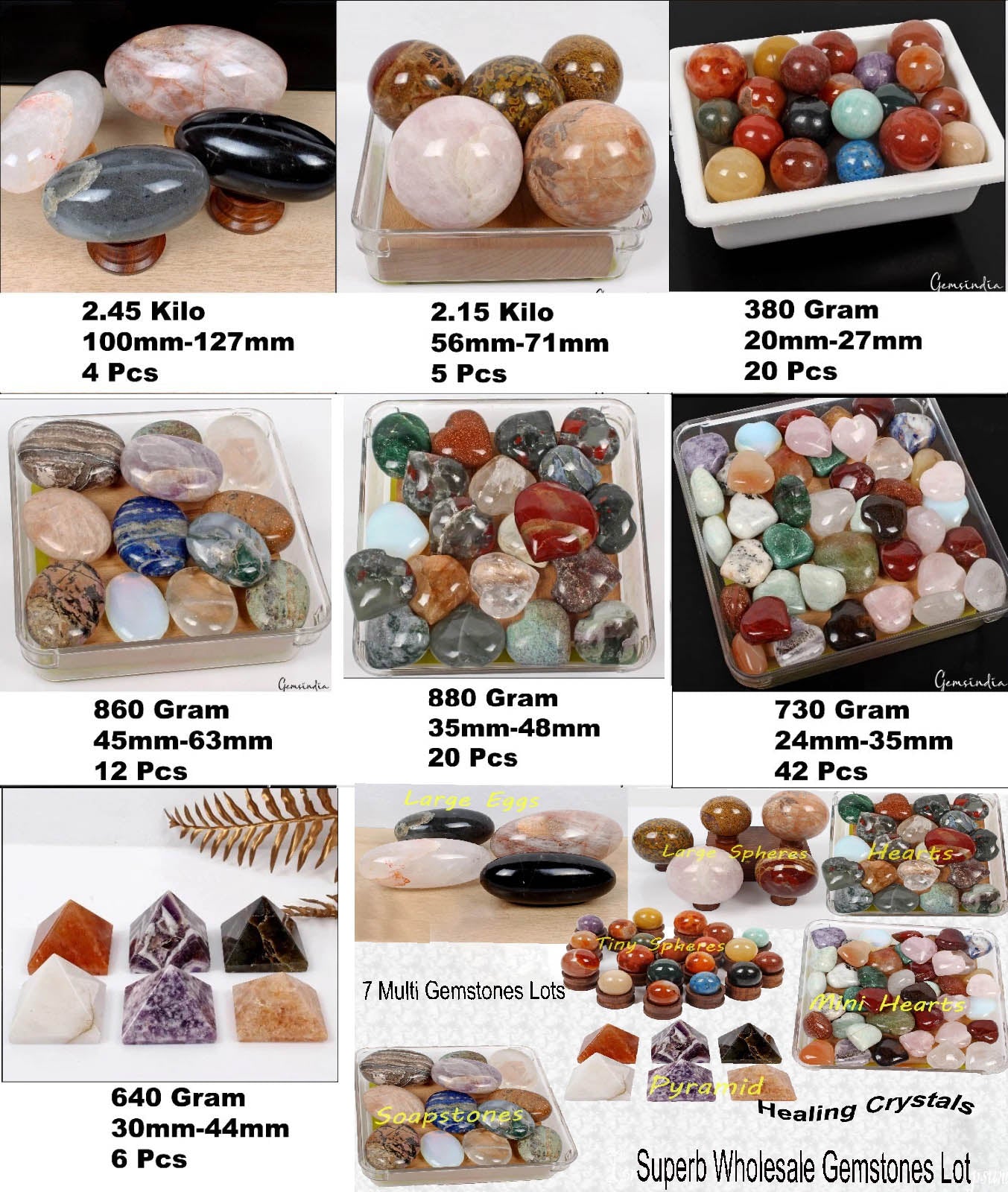 8 Kilo Mixed Gemstone Minerals Lot – Heart Sphere Egg Pyramid Palmstone 109 Pcs