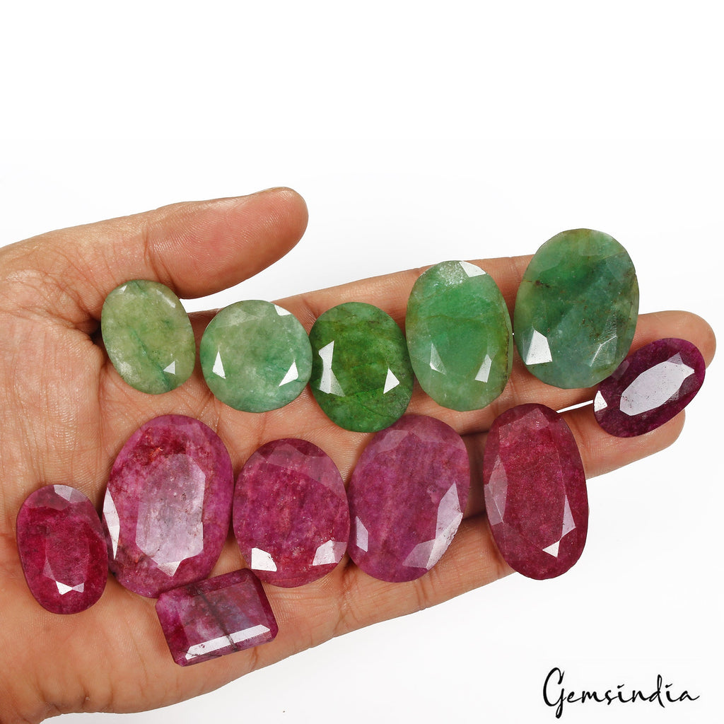 720 Ct/13 Pcs Natural Red Beryl/Green Emerald Mix Cut Loose Gems Lot For Jewelry