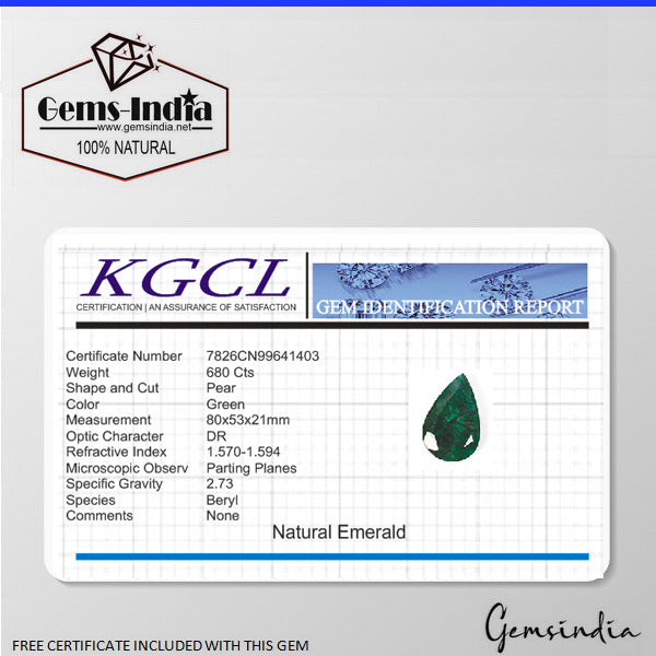 Certified 680 Ct Natural Brazilian Green Silver Shine Emerald Pear Cut Loose Gem