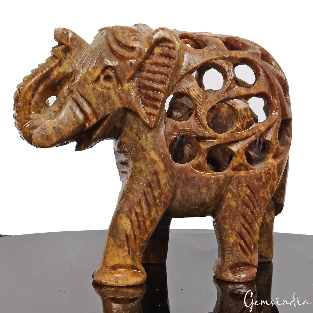 1370 Cts Soapstone Trunk Up Elephant Statue Animal~ Baby inside Tummy Sculpture